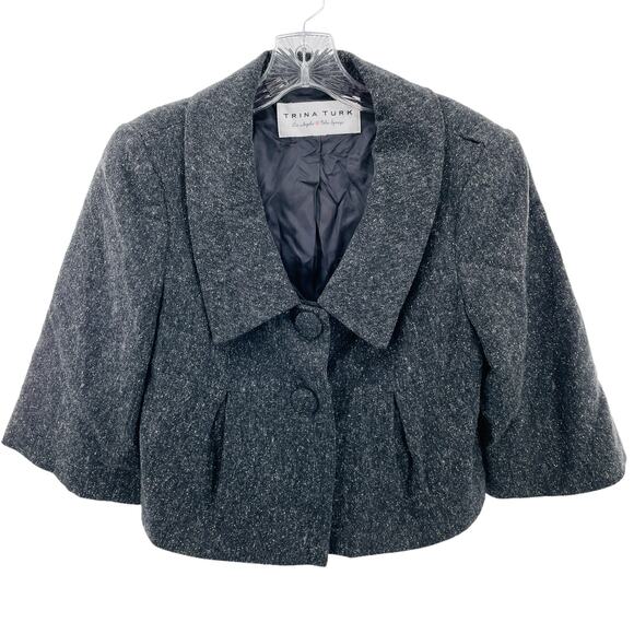 Trina Turk Gray Wool Blend Cropped Retro Inspired Classic Swing Button Jacket S - Picture 1 of 14